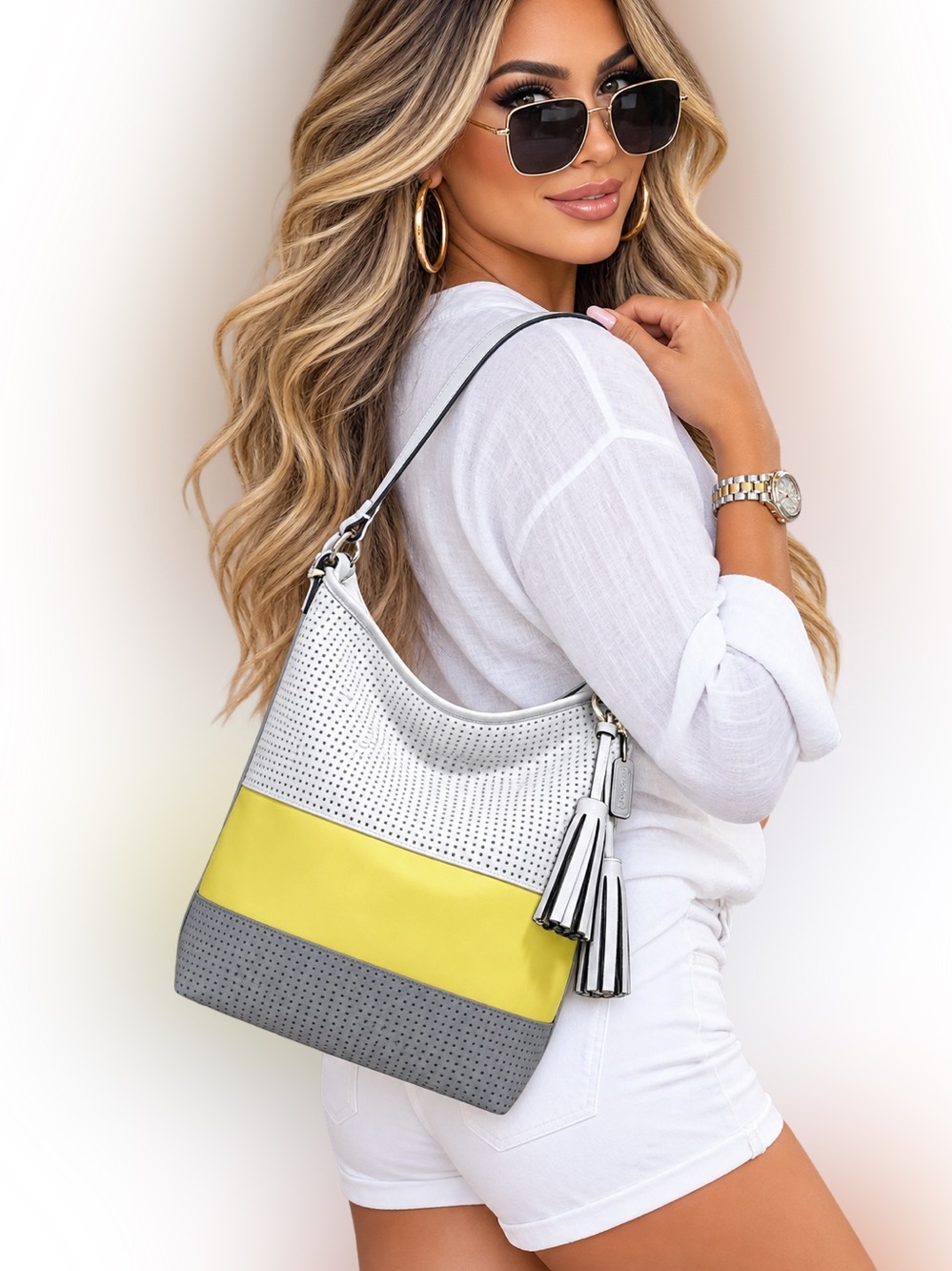 Coach 22412 Legacy Perforated Stripe Lemon Duffle Convertible Shoulder Bag Purse